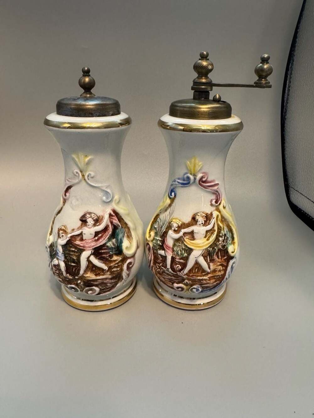 Vintage Capodimonte Italian Porcelain Cherub Salt Shaker and Pepper Mill Grinder